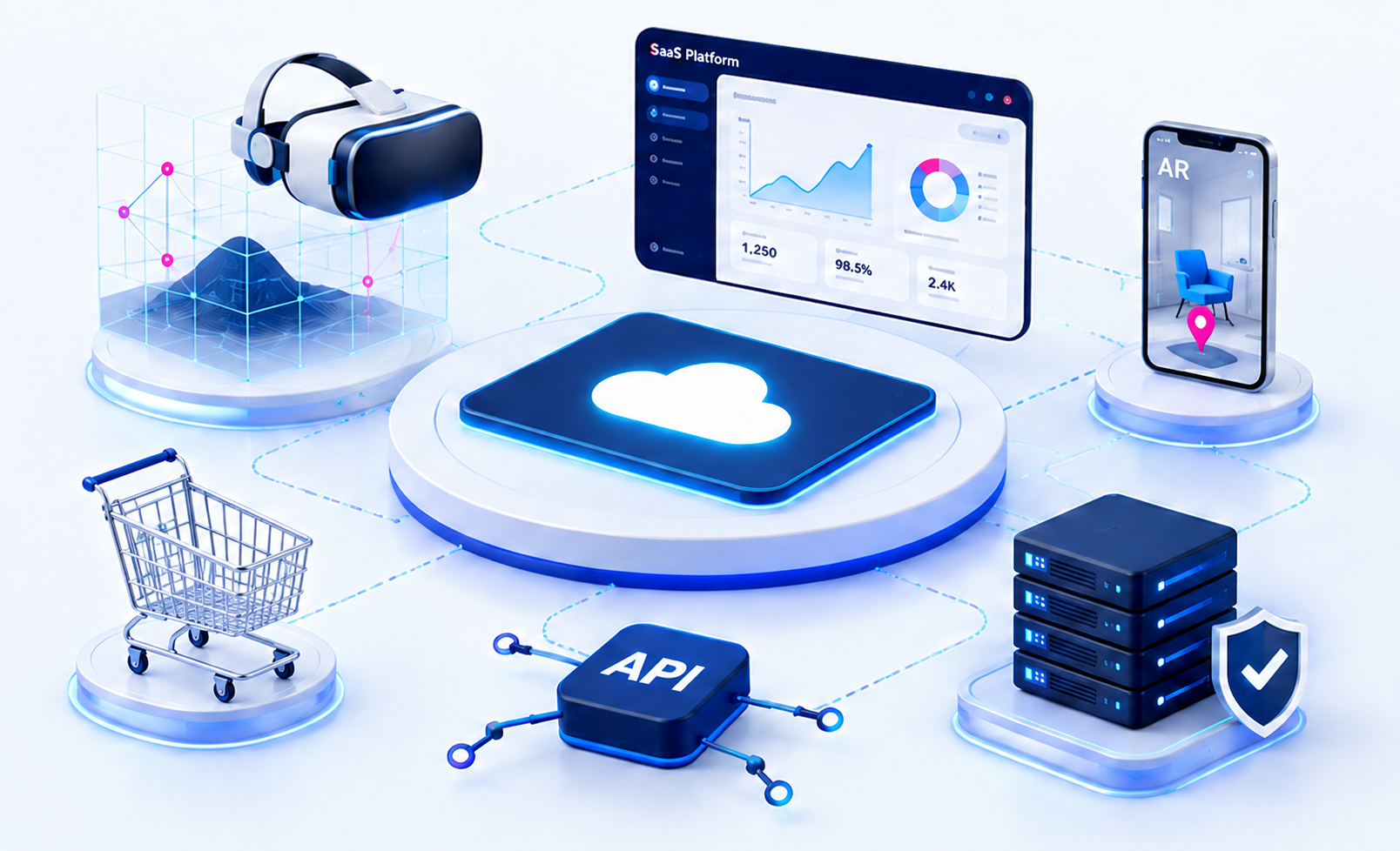 Illustration showing VR, AR, SaaS, API, eCommerce, cloud hosting and security services connected as a digital platform.